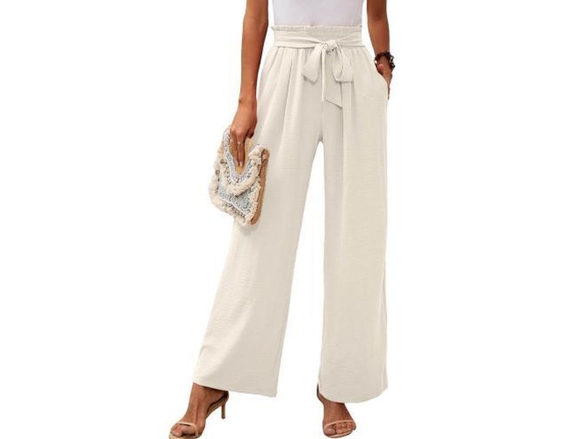 2026 pantalones de Descanso de Pierna Ancha para Mujer Con Bolsillos Ligeros de Cintura Alta Ajustable Lazada L Blanco