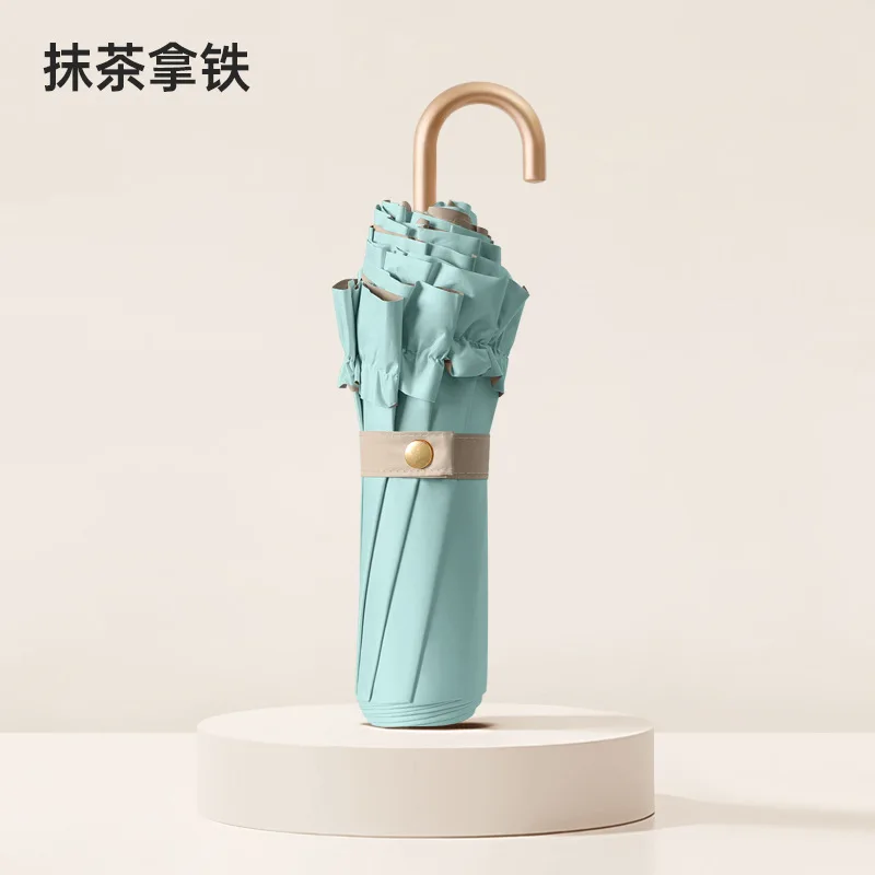 Guarda-chuva Dobrável Com Gancho, Cor Sólida, Em Renda Verde Matcha 8k, Com Cola Colorida Para Proteção Solar E Proteção Uv Upf50+.