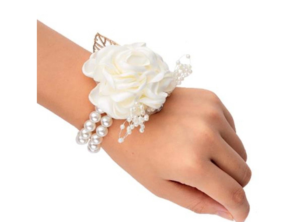 Laxiscreed Corsage De Pulso Em Cetim Com Pérola Para Casamento E Decoração Bege