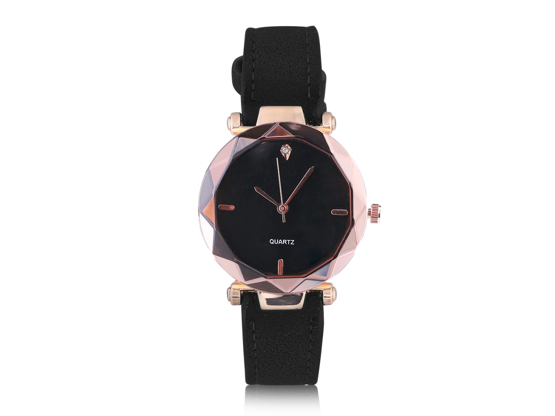 Relógio de Pulso Feminino Analógico de Quartzo com Cinta Pu e Decoração de Pedras Preciosas (preto)
