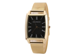 Relógio de quartzo com pulseira de malha metálica para homens e mulheres, mostrador quadrado, numerais romanos, dourado e preto.