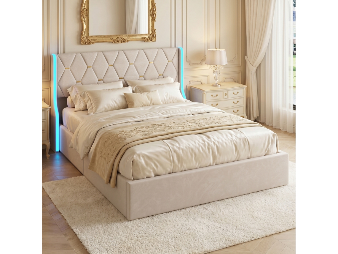 Cama de Casal 160x200 Cm, com Arrumação Hidráulica, Estrutura de Cama Estofada em Veludo com Cabeceira de Abas e Iluminação Led, Bege RESETIZE