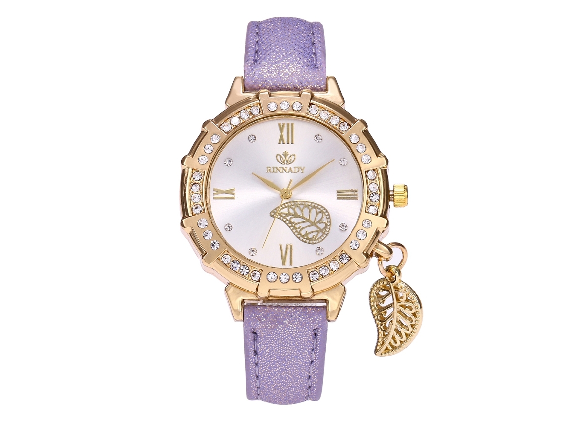 Relógio de Pulso Feminino com Pingente de Folha em Liga e Pedras Strass Pulseira de Couro Pu Roxo
