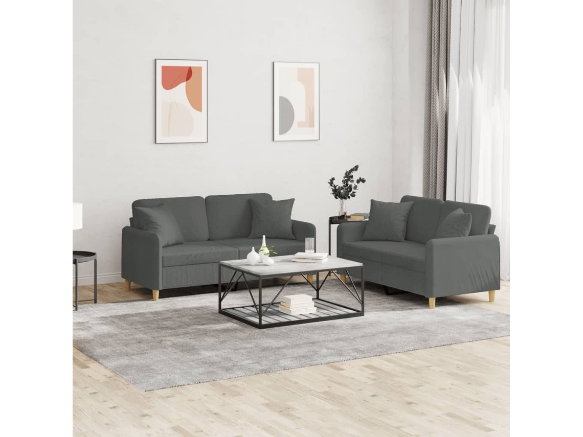 Vidaxl 2 Pcs Conjunto De Sofás Com Almofadas Tecido Cinzento-escuro