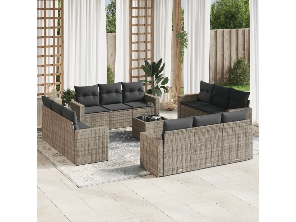 13 Pcs Conjunto Sofás P/ Jardim C/ Almofadões Vime Pe Cinza Dkd Home Decor