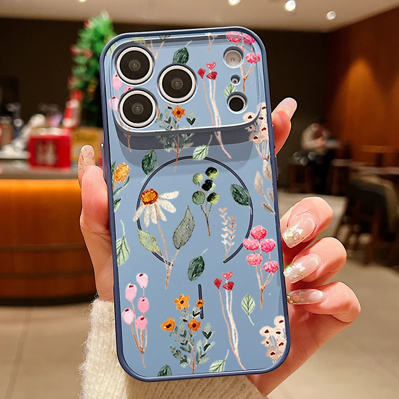 Capa Magnética Para Iphone 13 Pro Com Estampa Floral (azul), Capa Traseira Rígida Em Tpu E Pc.