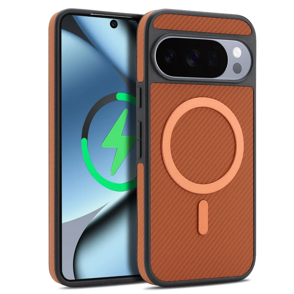 (marrom, Google Pixel 9) Capa Para Celular Em Couro Pu Com Textura De Fibra De Carbono Fosca, Compatível Com Carregamento Sem Fio Magsafe.