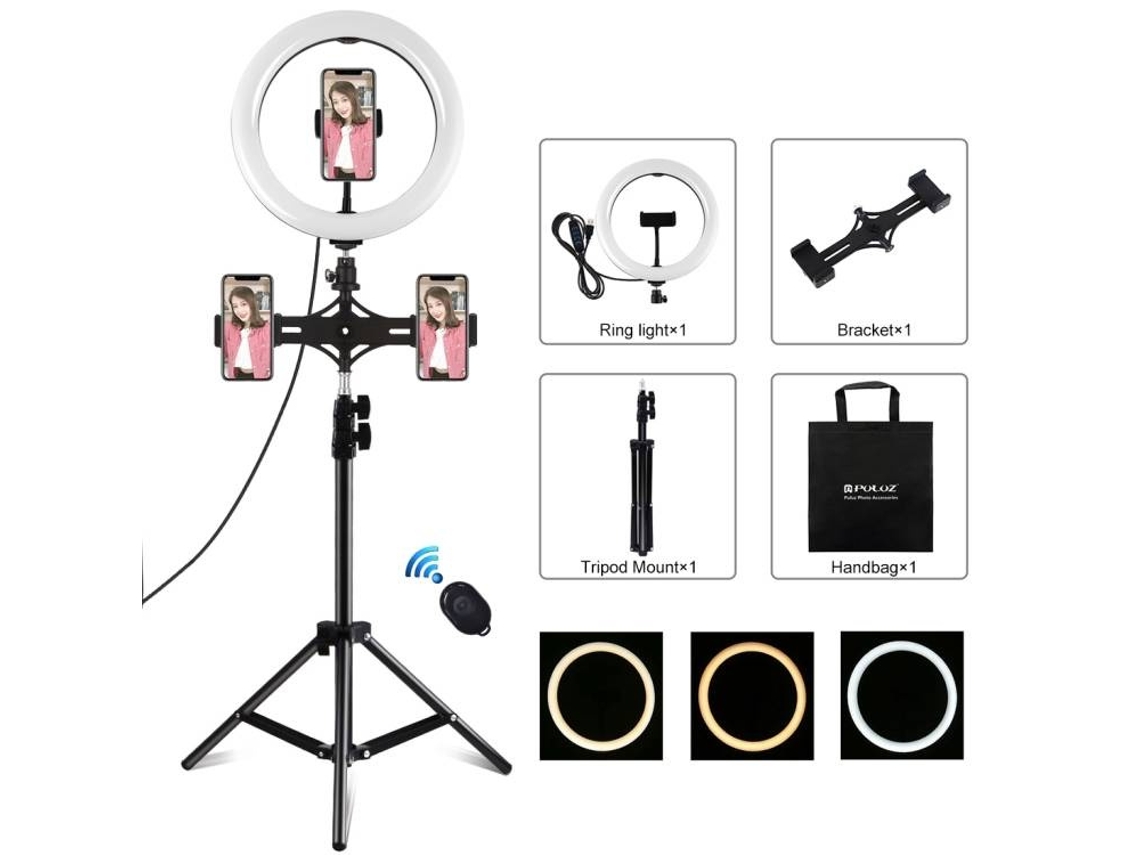 Lâmpada circular LED Puluz / Suporte de 26 cm para 3 smartphones Pkt3070b