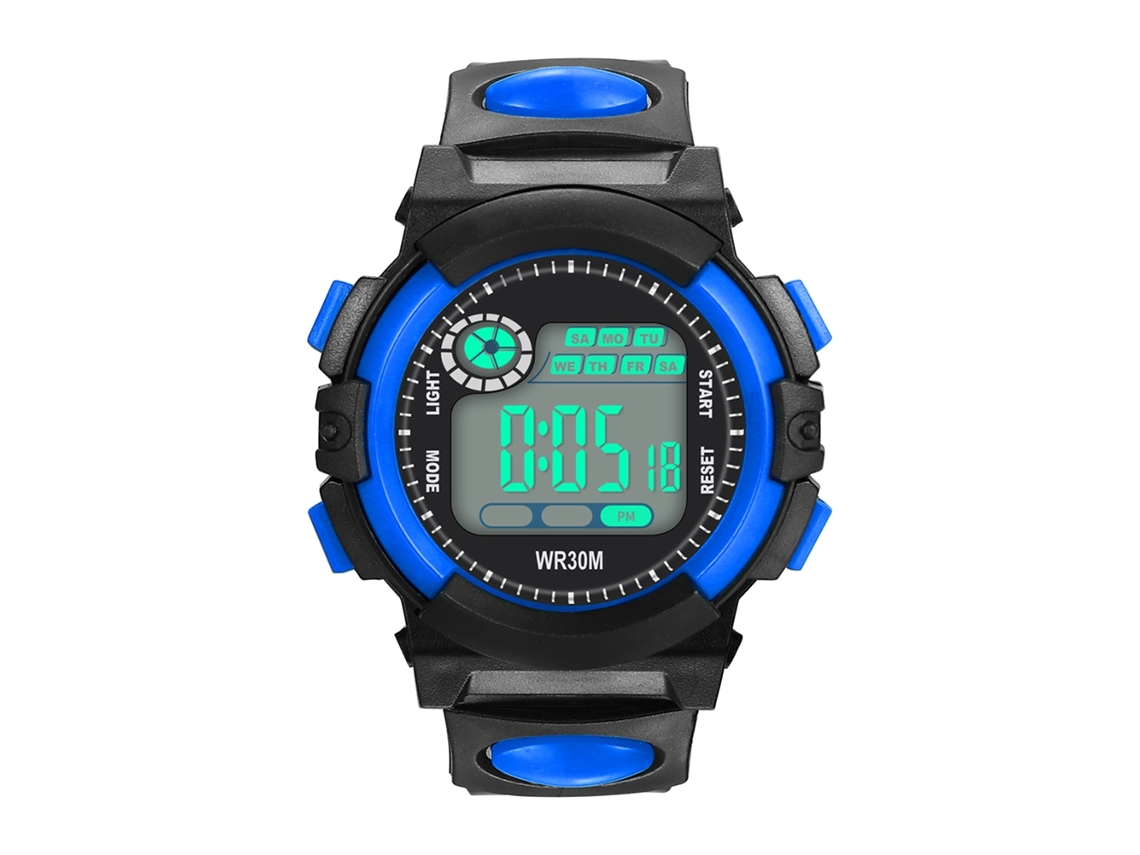 Relógio eletrônico digital infantil com pulseira de PVC azul.