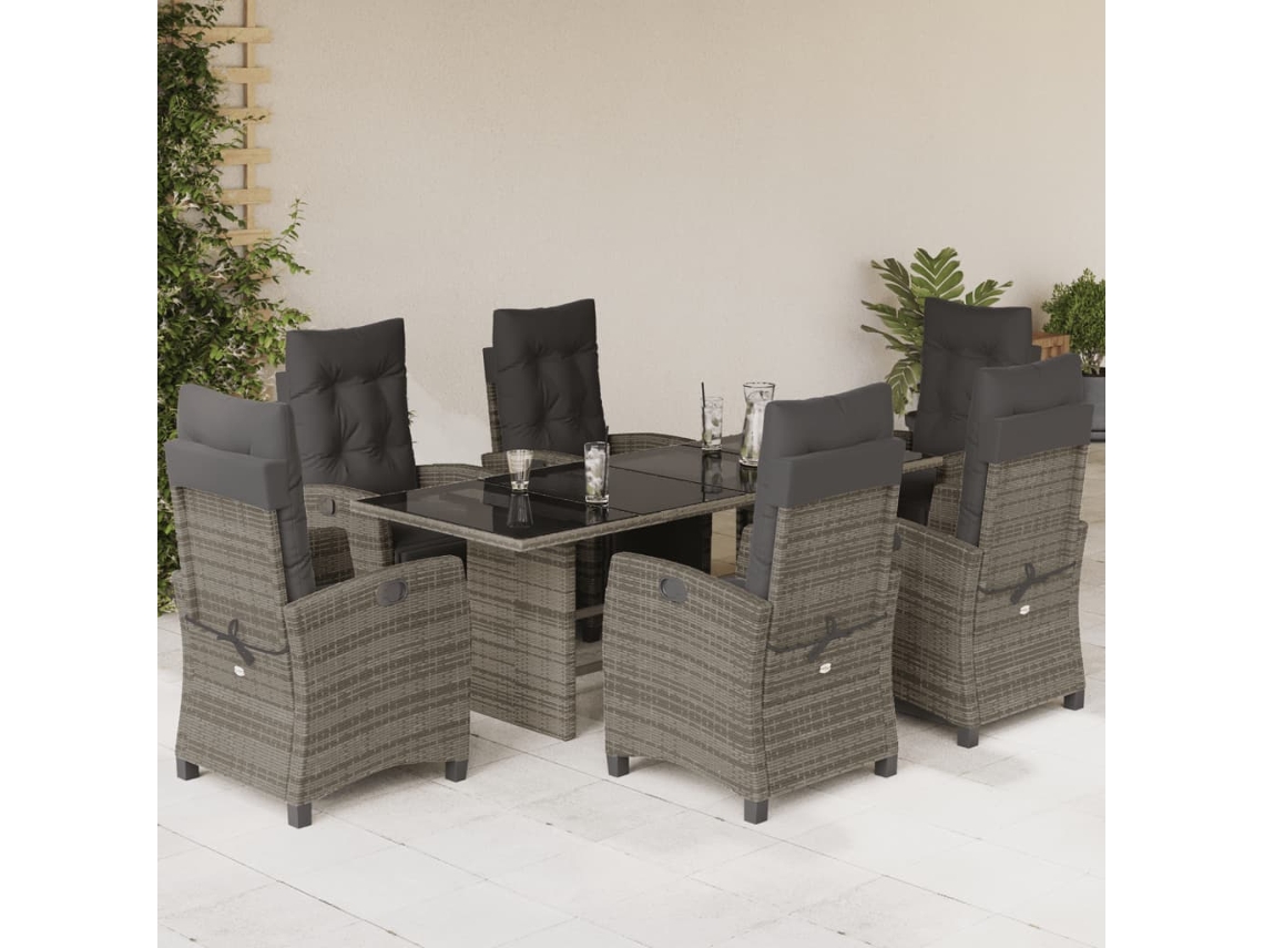 Vidaxl 7 Pcs Conjunto De Jantar P/ Jardim C/ Almofadões Vime Pe Cinza