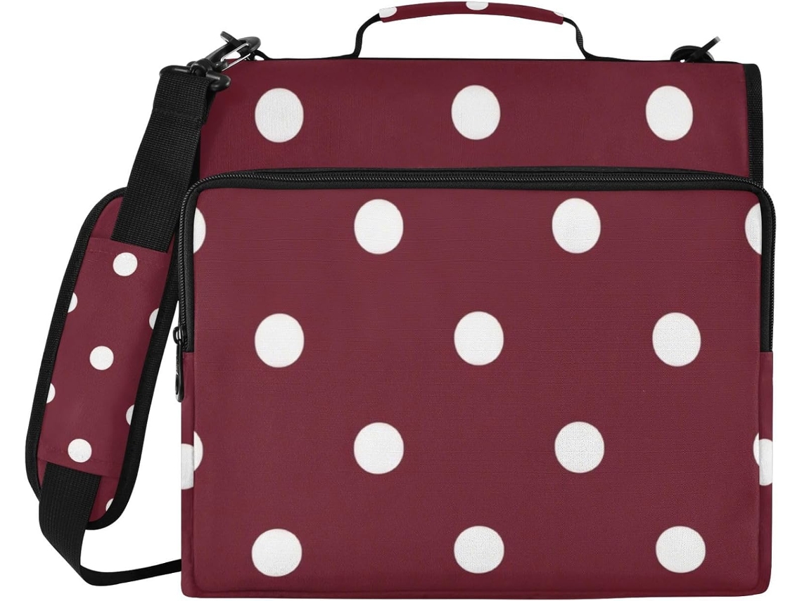 Bolsa Pasta Com Ziper 3 Argolas, Estampa Bolinhas Vinho Tinto, 1, 5 Polegadas 3, 8cm, Alça De Mão E Ombro