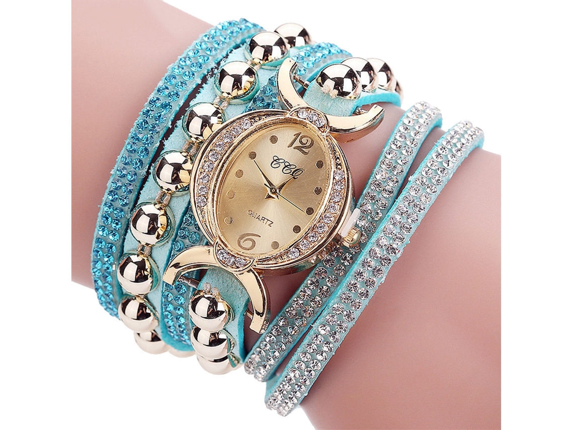 Relógio Analógico de Pulseira Feminino Quartzo com Strass e Corrente Pu Verde Menta
