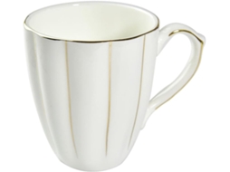 Caneca de Porcelana Branca em Formato Abóbora com Decoração Listras Douradas, Alça Ergonômica, CHABERLU