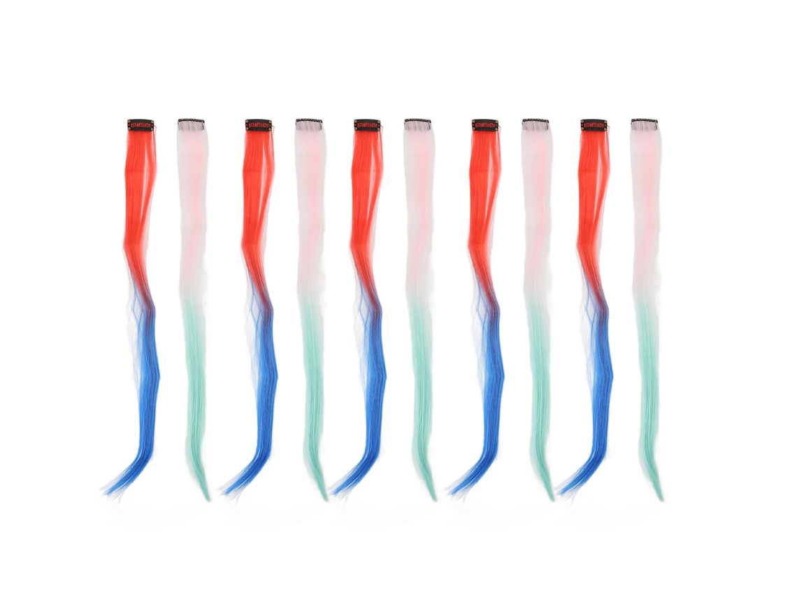 2026 Conjunto de 10 Extensões de Cabelo Coloridas com Presilhas nas Cores Rosa, Verde, Vermelho e Azul, Fibra Sintética Resistente ao Calor