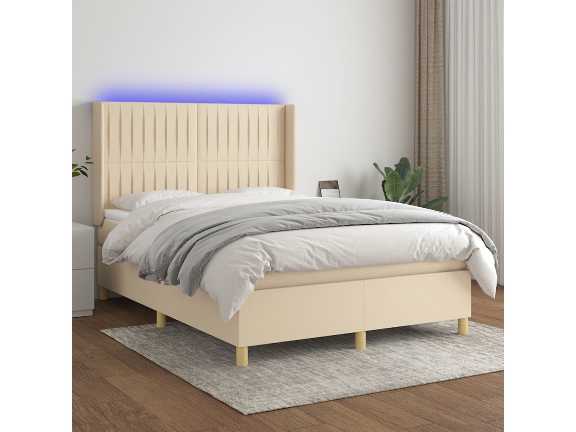 Vidaxl Cama Box Spring C/ Colchão E Led 140x190 Cm Tecido Cor Creme