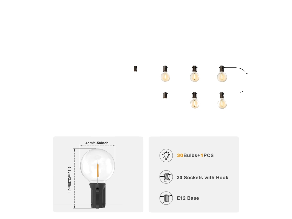 Luz De Cordão Led Solar, 8 Modos, Impermeável Ip65, 18m 31 Lâmpadas G40 Oem