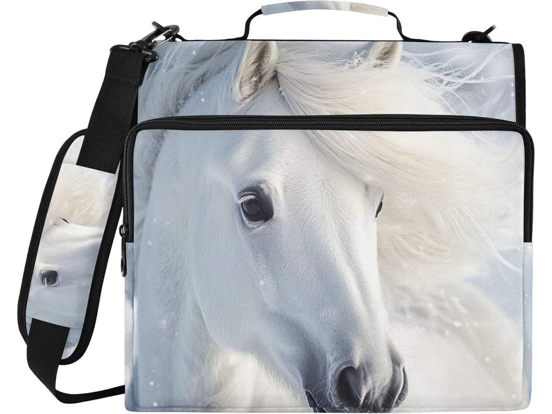 Capa para laptop com estampa de cavalo branco de 3 olhos, resistente à água e com organizador incluso, ideal para escola e trabalho.