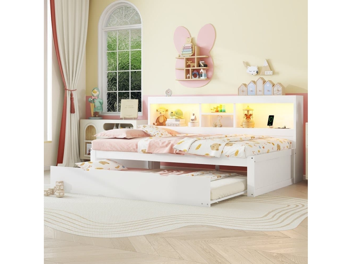 Divã 90x200cm Com Cama Com Gavetão 90x190cm - Mesa De Cabeceira Com Arrumação, Led E Tomadas - Branco