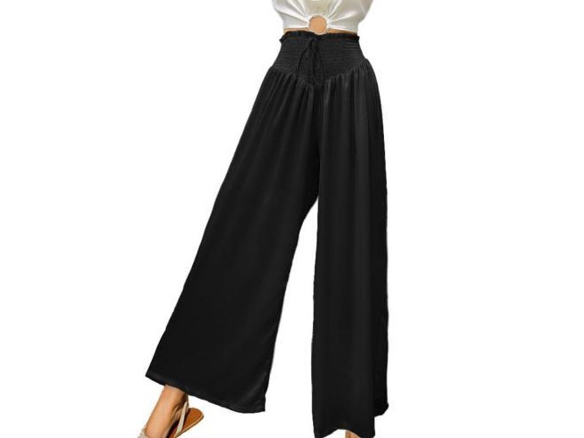 Calça feminina Rebe de cintura alta, estilo casual de verão, com bolsos, modelagem fluida, tamanho G, preta.