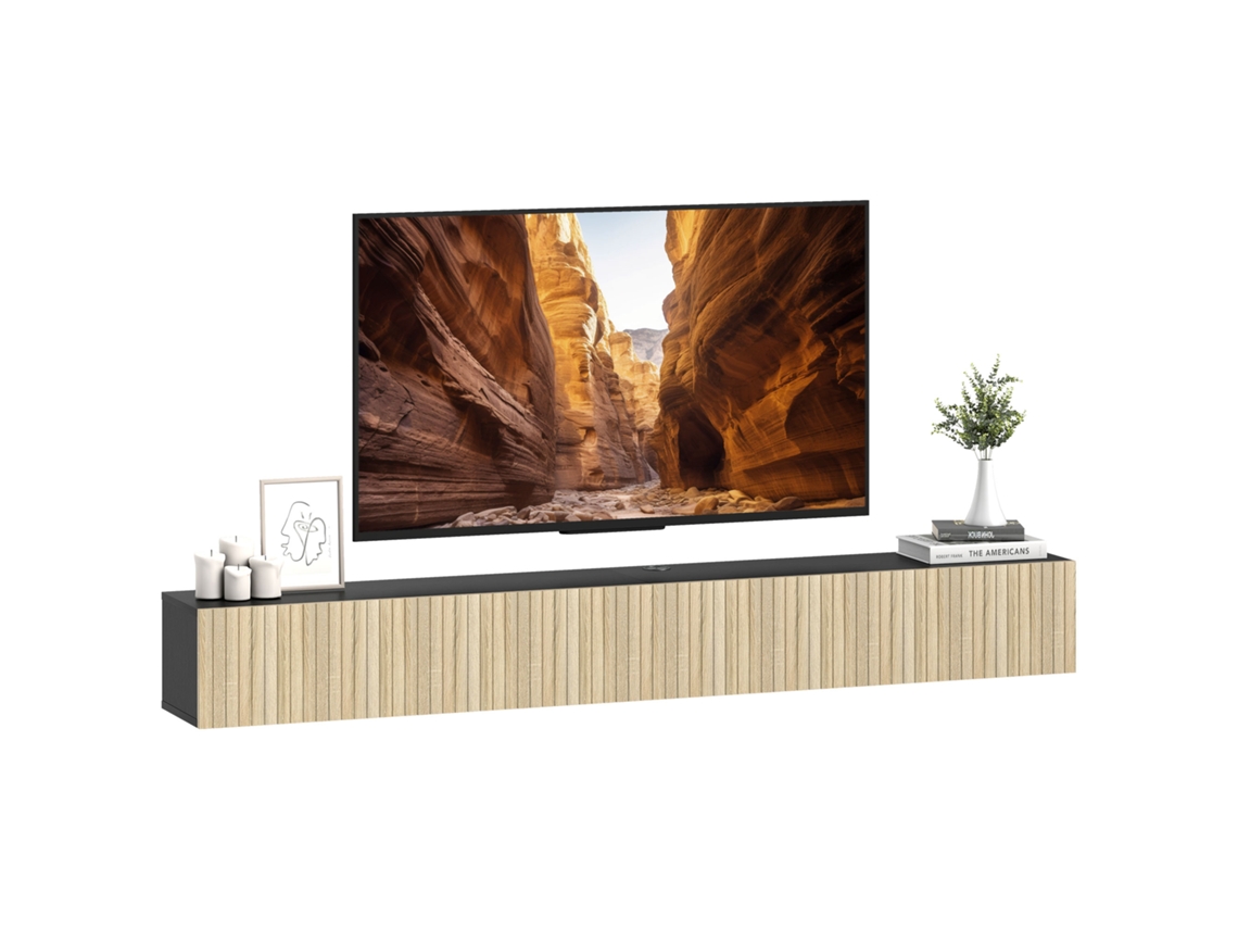 Rack CHEZMOI para TV de 140cm com 2 portas basculantes, 72 polegadas, madeira natural e preto (140x25x22cm)
