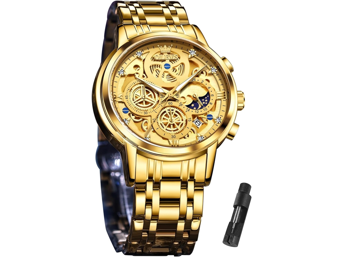Lurelia Relógio Mecânico Masculino, Movimento De Quartzo, Analógico, Cronógrafo, Data/calendário, Detalhes Com Strass, Mostrador Esqueleto, 42 Mm