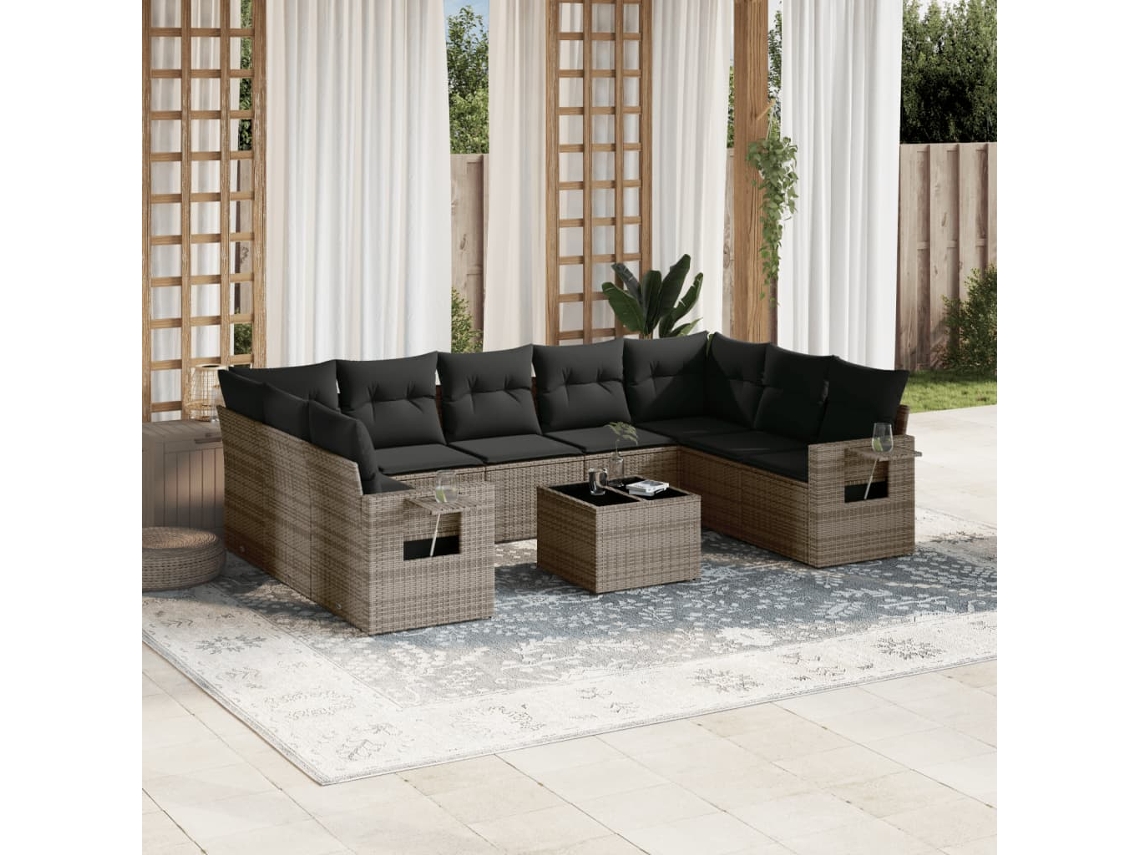 10 Pcs Conjunto Sofás De Jardim C/ Almofadões Vime Pe Cinza Dkd Home Decor