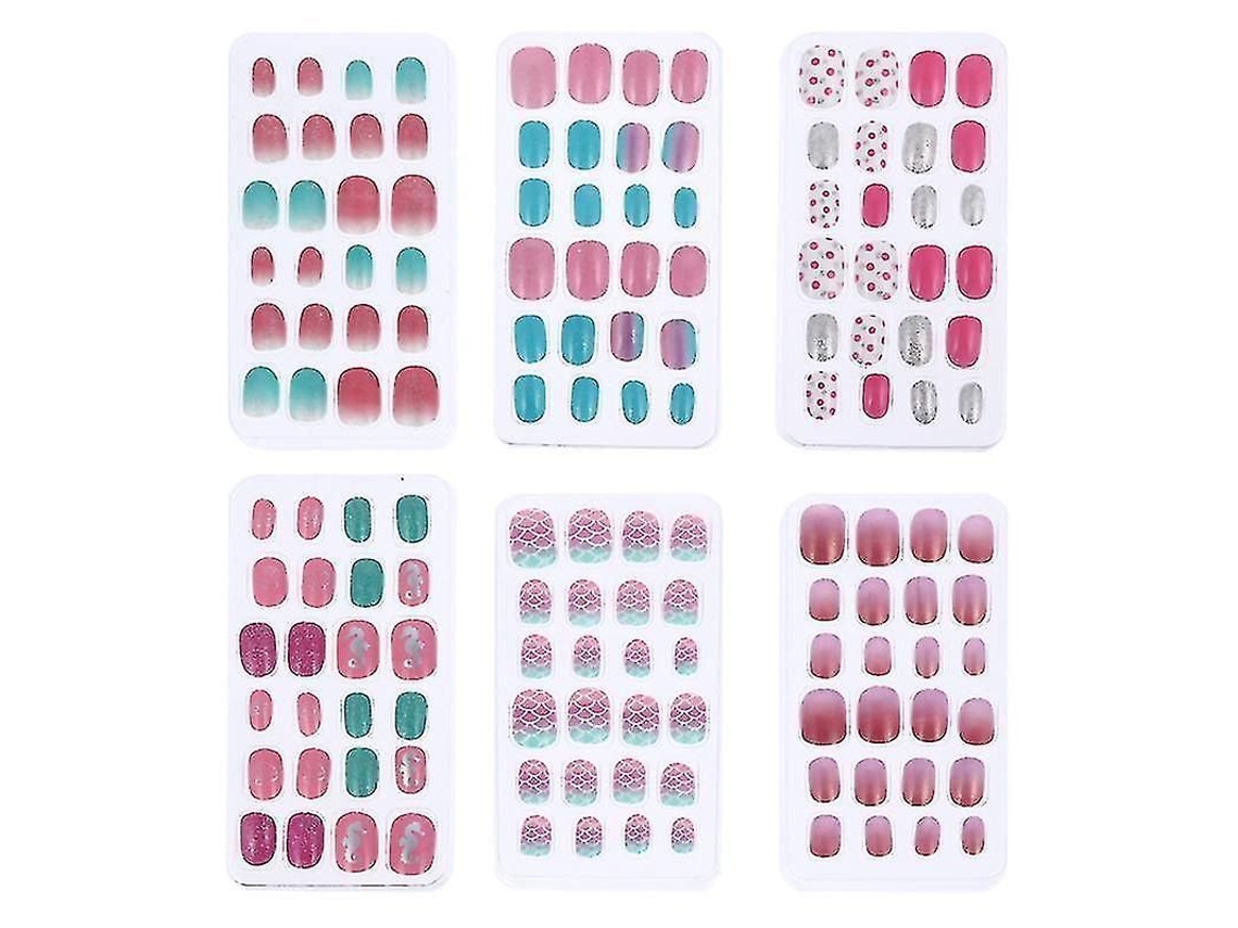 Kit de Unhas Falsas para Crianças 144pcs com 6 Caixas, Cores Variadas, Tamanho 11.5x6cm, para Festas e Uso Diário, Idade 9-10 Anos