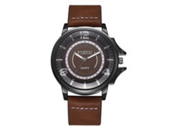 Relógio masculino de quartzo com pulseira de couro PU, estilo casual de negócios, mostrador marrom de círculo duplo.