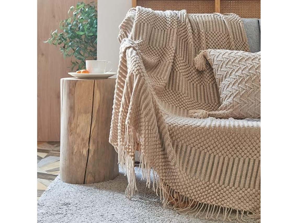 Manta de Tricô 3d Mantou com Franjas Cor Sólida para Sofá Decorativa Nórdica Cama Xale Portátil e Respirável,