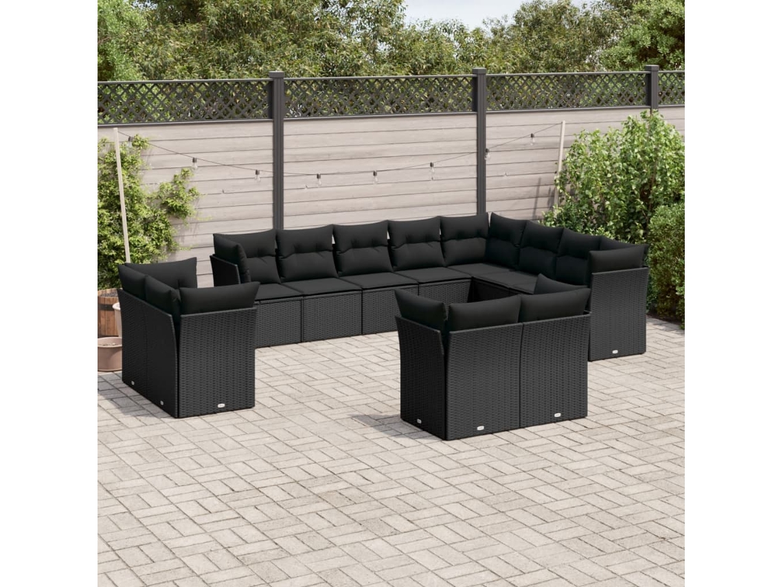 Vidaxl 12 Pcs Conjunto De Sofás De Jardim C/ Almofadões Vime Pe Preto