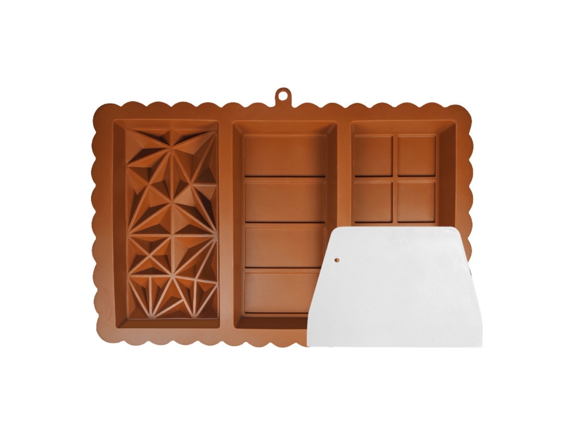 Molde de Silicone Profundo 3 em 1 para Barra de Chocolate, 40 a 230°c, com Espátula para Preparar Chocolate, Pasta Americana e Gelatina. X001