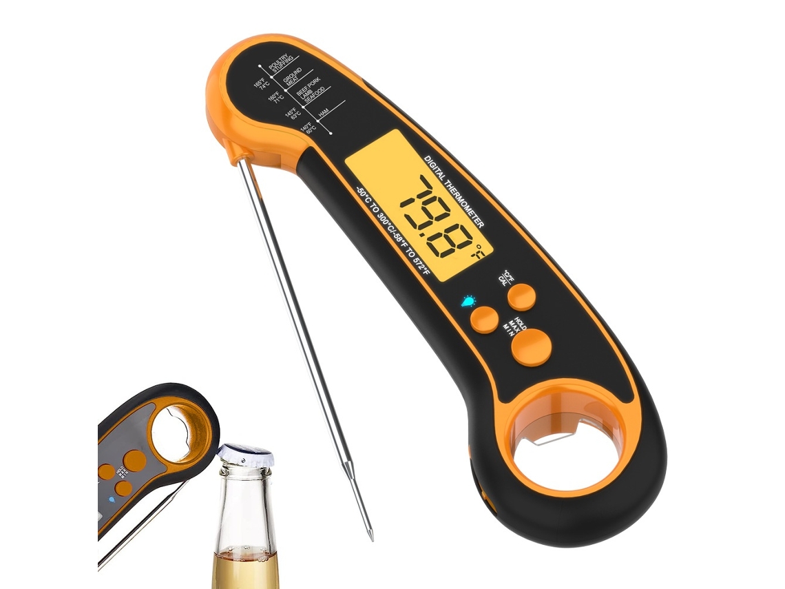 Termómetro De Cozinha Digital Com Sonda Para Alimentos, Ipx7, 4.7 Polegadas, 2 Em 1, Dobrável, Laranja Elysve