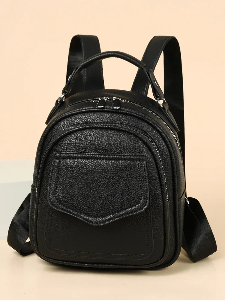 Mochila Feminina Pequena Em Couro Pu Macio (preta), Ideal Para Meninas E Adolescentes.