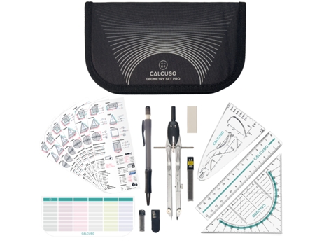 Conjunto De Geometria Calcuso Pro Com Compasso E Esquadro Em Estojo Preto Ideal Para Escola, Universidade E Escritório