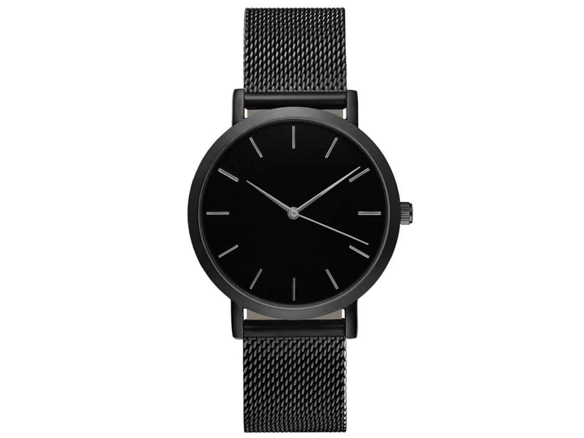 Relógio analógico unissex em aço com pulseira de malha, movimento de quartzo (preto)