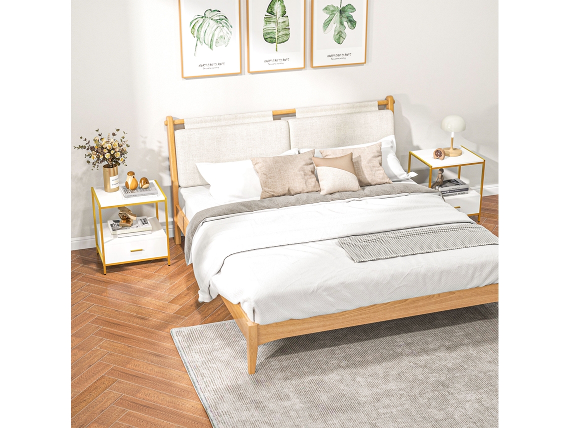 Par De Mesas Laterais Brancas E Douradas, 50x40x55cm, Design Moderno Com Gaveta E Prateleira, Sofisticadas Para Quartos.