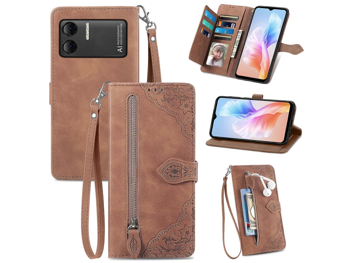 Capa De Couro Com Zíper E Flor Em Relevo Para Doogee X98 Pro / X98