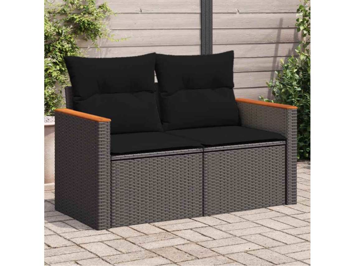 Vidaxl Sofá De Jardim Com Almofadas, 2 Lugares, Vime Sintético Preto