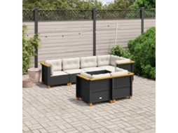 Jogo de Sofá 7 Peças P/ Jardim C/ Almofadões Vime Pe Preto Dkd Home Decor
