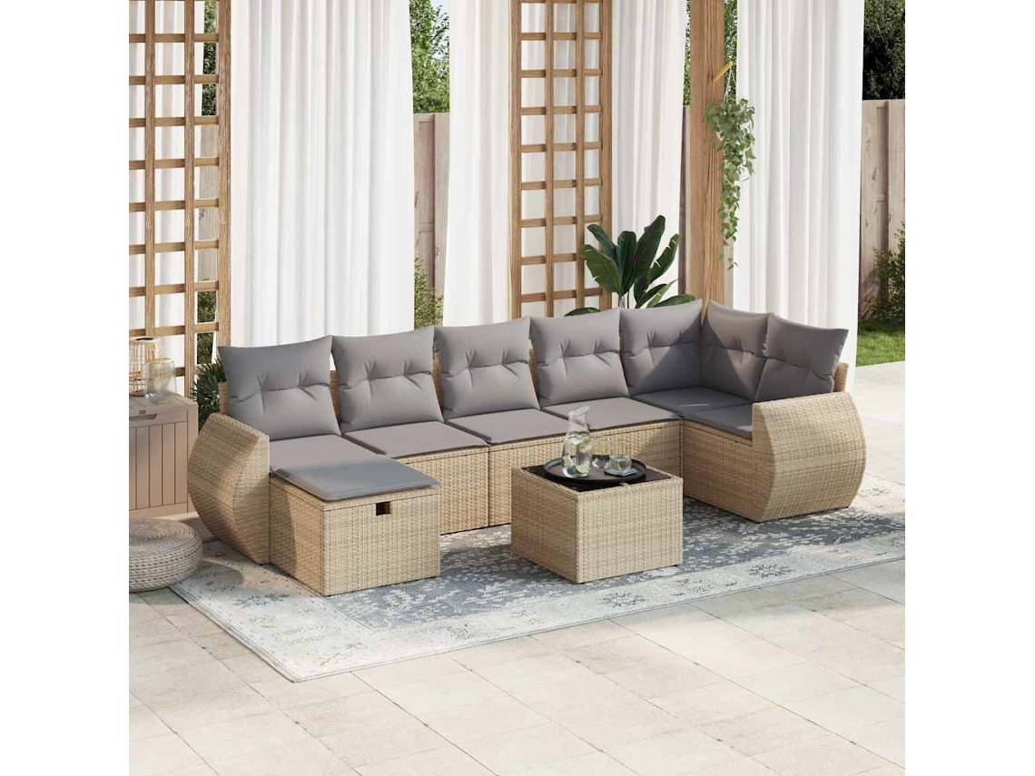 Vidaxl 8 Pcs Conjunto De Sofás P/ Jardim Com Almofadões Vime Pe Bege