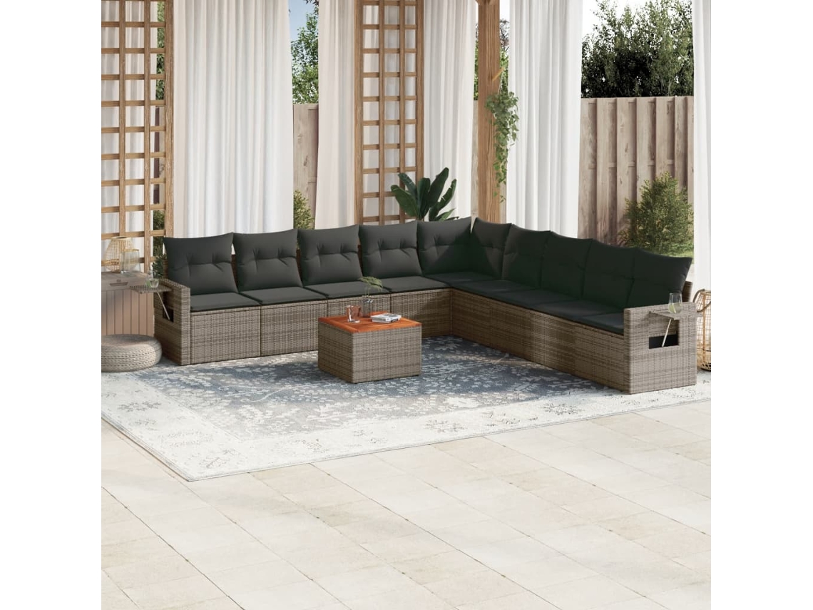 10 Pcs Conjunto Sofás De Jardim C/ Almofadões Vime Pe Cinza Dkd Home Decor