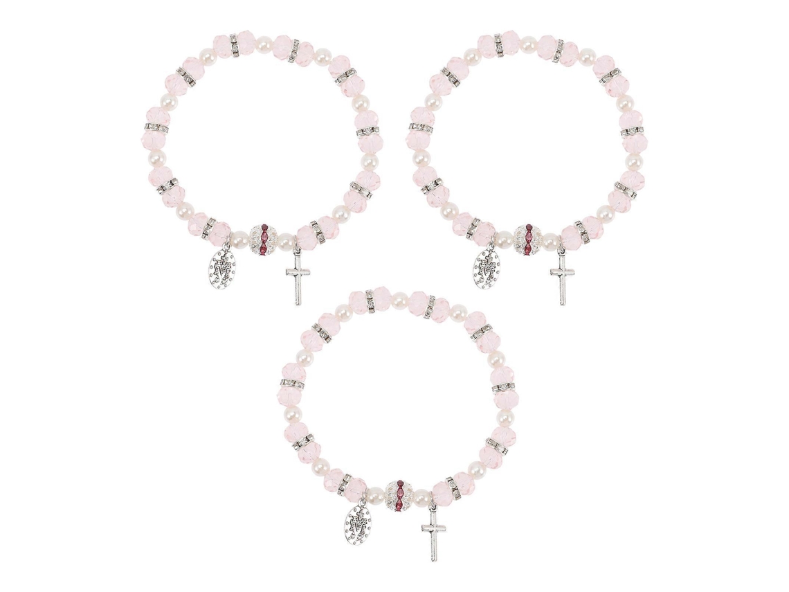 Conjunto De 3 Pulseiras Com Cruz De Cristal E Pérola Para Meninas. Nostalgia88