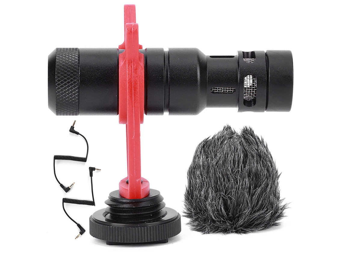 Mini microfone Yelangu Mic10 com plugue de 3,5 mm, suporte anti-choque e protetor de vento para gravação de vídeo e transmissão ao vivo.