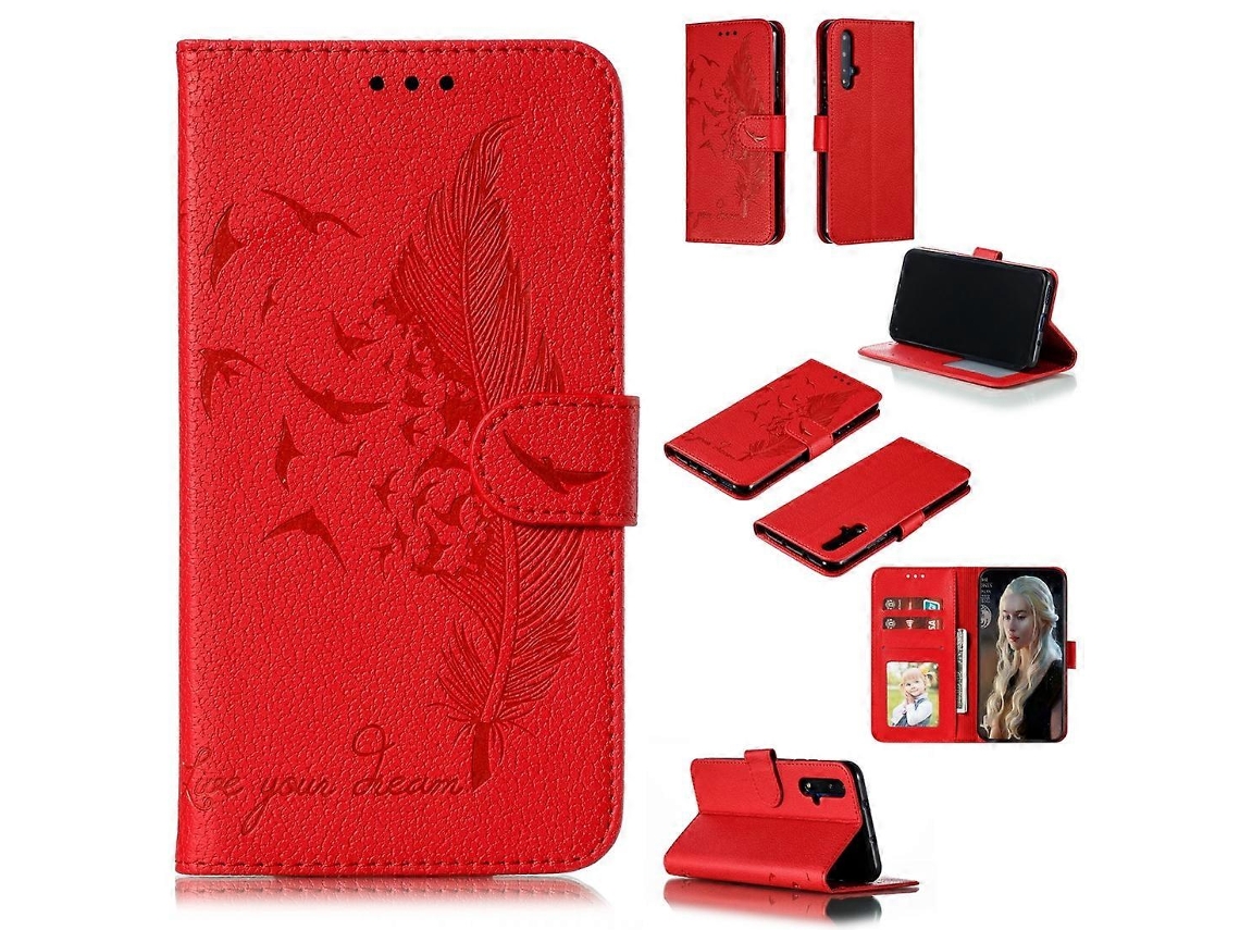 Capa De Couro Com Textura De Lichia E Padrão De Penas, Com Abertura Horizontal, Carteira, Suporte E Compartimentos Para Cartões Para Huawei Honor 20.