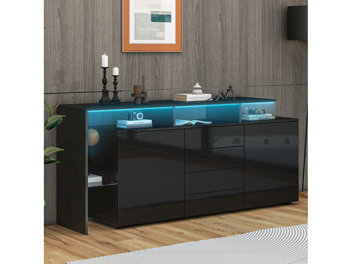Cômoda E Buffet Preto Brilhante Com Led, Móvel De Sala, Móvel Tv E Móvel De Sala De Jantar Versátil Design Moderno