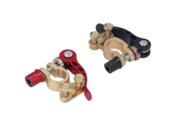 Conjunto de 2 conectores de terminais de bateria automotiva com desconexão rápida e garras para os terminais positivo e negativo.