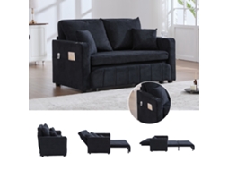 Sofá-cama Multifuncional Em Chenille Preto Com Usb, Porta-copos E Bolsos Laterais