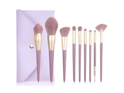 Kit de Pincéis de Maquiagem Profissional e Diário, Cerdas Veganas Sintéticas Roxo Claro 9 Pçs