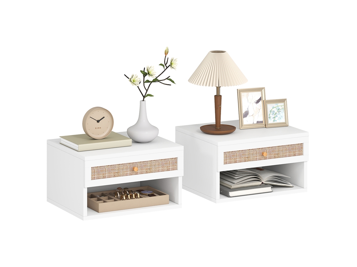Conjunto de 2 Mesas de Cabeceira Suspensas com Compartimento Aberto e Gaveta em Vime 40x34x23cm Branco CHABERLU