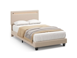 Estrutura de cama com LED - Cabeceira estofada bege - Metal e madeira - 90 x 200 cm